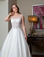 elegant vestidos de novia white satin wedding dresses a line cap sleeves scoop cheap lace wedding gown bridal dresses for women