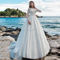 2021 long sleeves ball gown pearl satin wedding dresses o neck lace appliques open back bridal gown robe de mari%c3%a9e court train