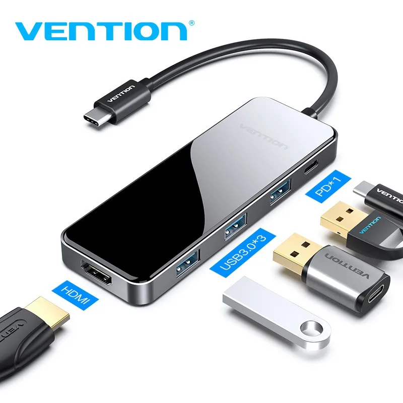 

Vention 5 in 1 Type-C Hub Adapter Dock USB C to 4K 60Hz 1080P HDMI 3*USB 3.0 100W PD Charging Port Docking Station for MacBook