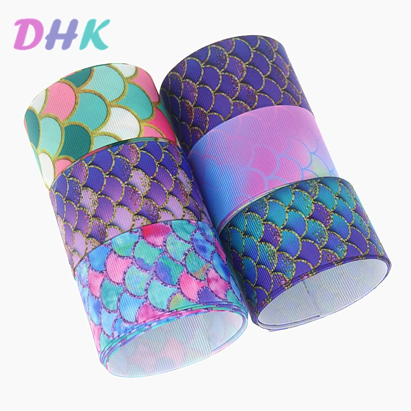 

DHK 1.5'' 50yards Pattern Fish Scale Printed Grosgrain Ribbon Accessory Material Headwear Decoration DIY Wholesale 38mm S1124
