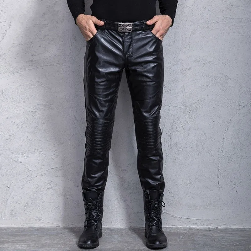 Брендовые Роскошные мотоциклетные брюки из натуральной коровьей кожи мужские