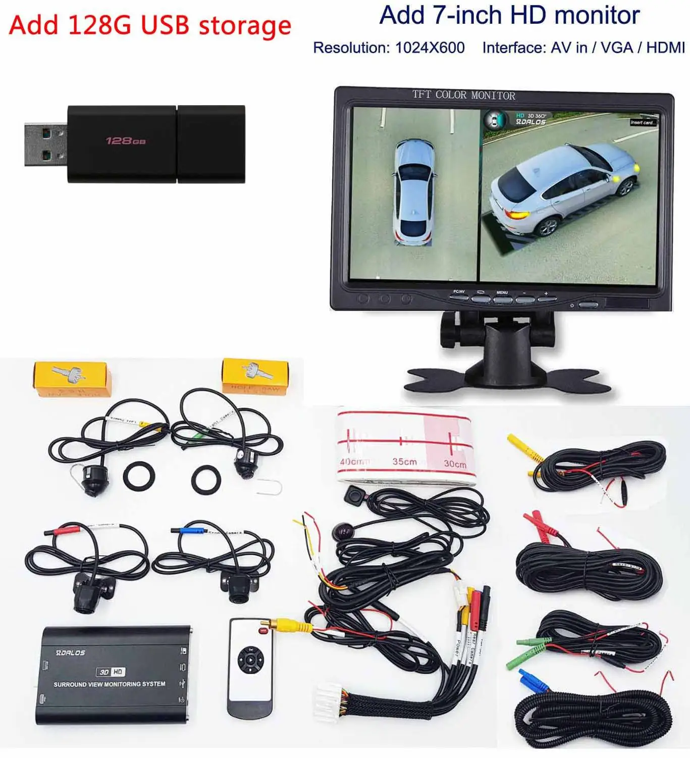 B cam 128G add 7inch SZDALOS Newst HD 3D 360 система объемного обзора поддержка вождения система панорамы вида птицы 4 Автомобильная камера 1080P DVR g-сенсор - Название цвета: B cam 128G add 7inch