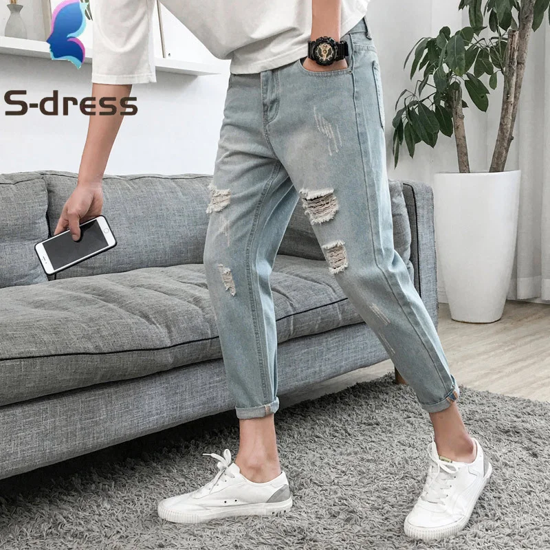 

2021 four seasons men's ripped jeans ins style European and American straight slim trend 9-point pants Korean casual trendy bran