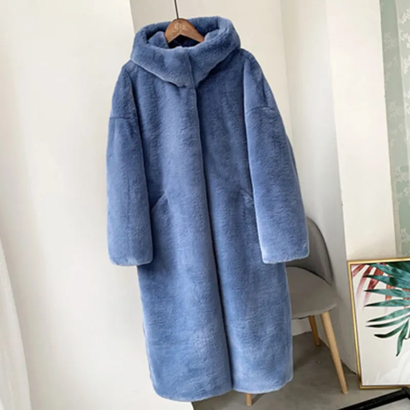 Smoky blue Зимнее женское меховое пальто однотонного цвета размера плюс, теплое длинное пальто из кроличьего меха, женская верхняя одежда с отворотом, брендовая Толстая куртка 402 - Цвет: Smoky blue