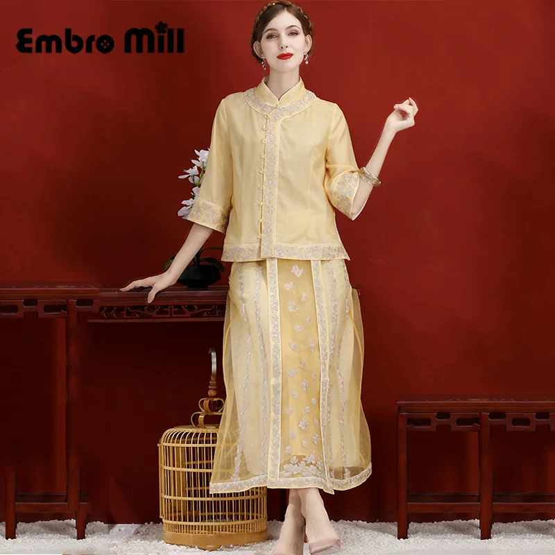 

Весенне-летнее китайское платье Ципао с рисунком Стиль Женский комплект из двух вещей, платье из органзы с вышивкой в стиле ретро; Элегантна...