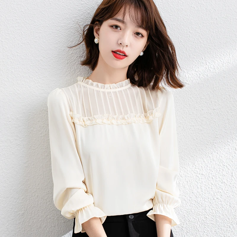 

Chiffon Women's Blouse Solid Polo Girl's Shirt Summer Loose Lace Plus Size Casual Long Sleeve Top Office Lady Blusas Houthion