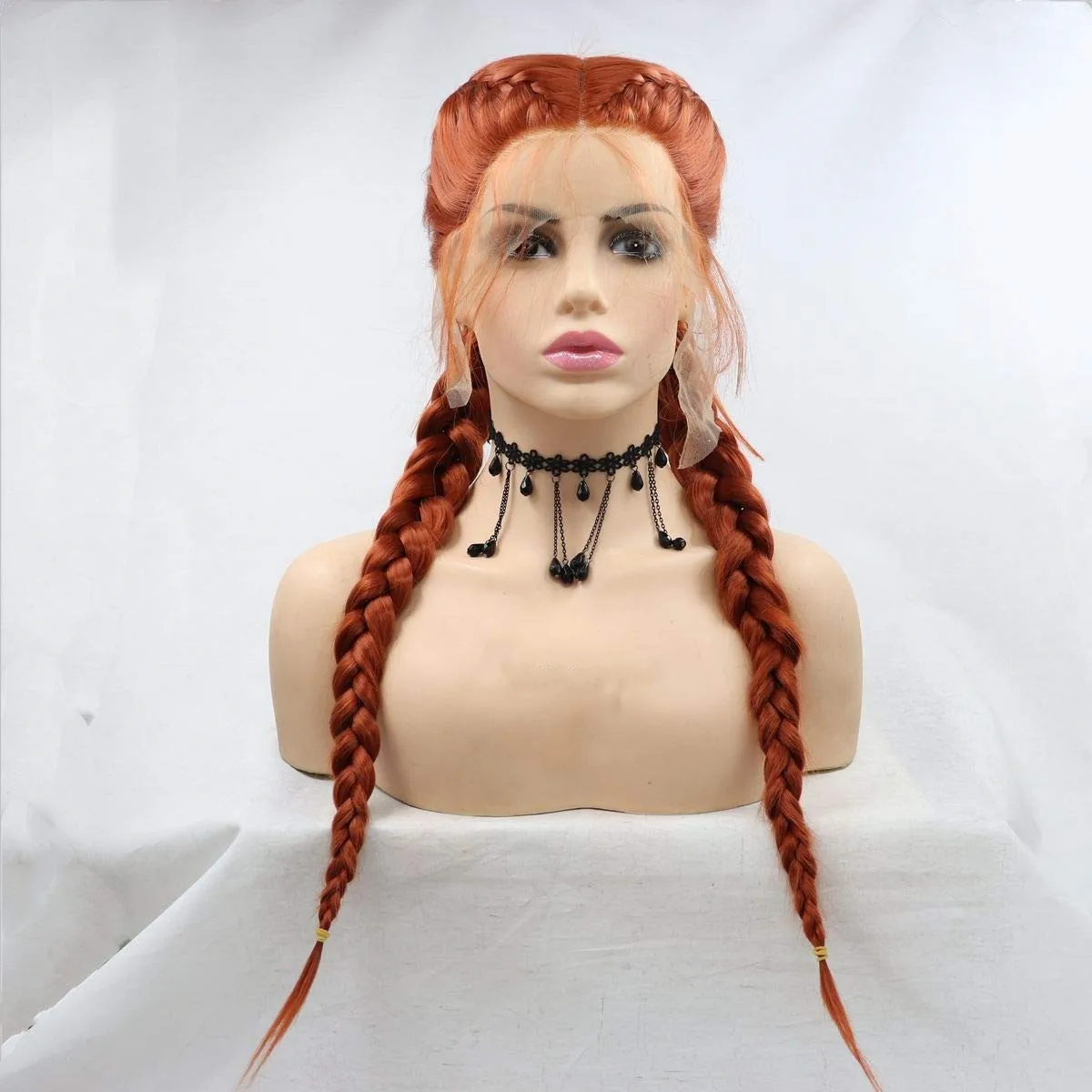 

Copper Red Long Braided Long 24" Wig 2 Braids Orange Red Highlight Big Braiding Blonde White Synthetic Lace Front Wig for Women