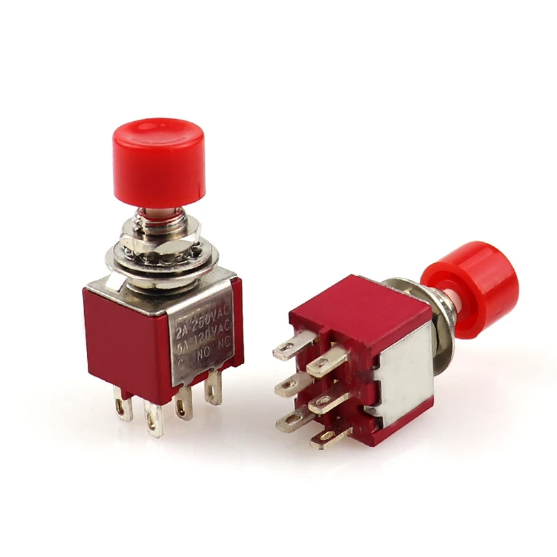 

Красный 6-контактный SPDT мгновенный AC 2A/250V 5A/120V кнопочный переключатель 1 NO 1 NC