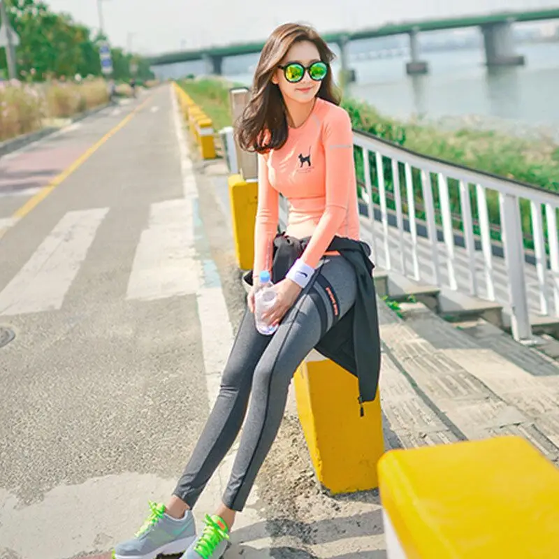 Футболка женская спортивная оранжевая Топ с длинным рукавом комплект для йоги