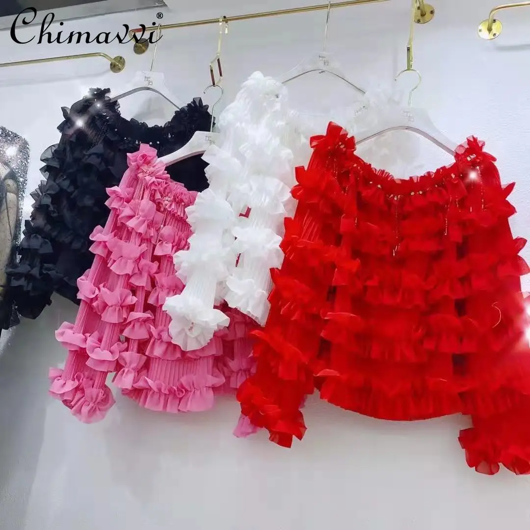 

Women's Chiffon Shirt 2021-Ball New Korean Fashion Sweet Heavy Beads Tassel Off-Neck Two-Layer Ruffled Blouse Top Women