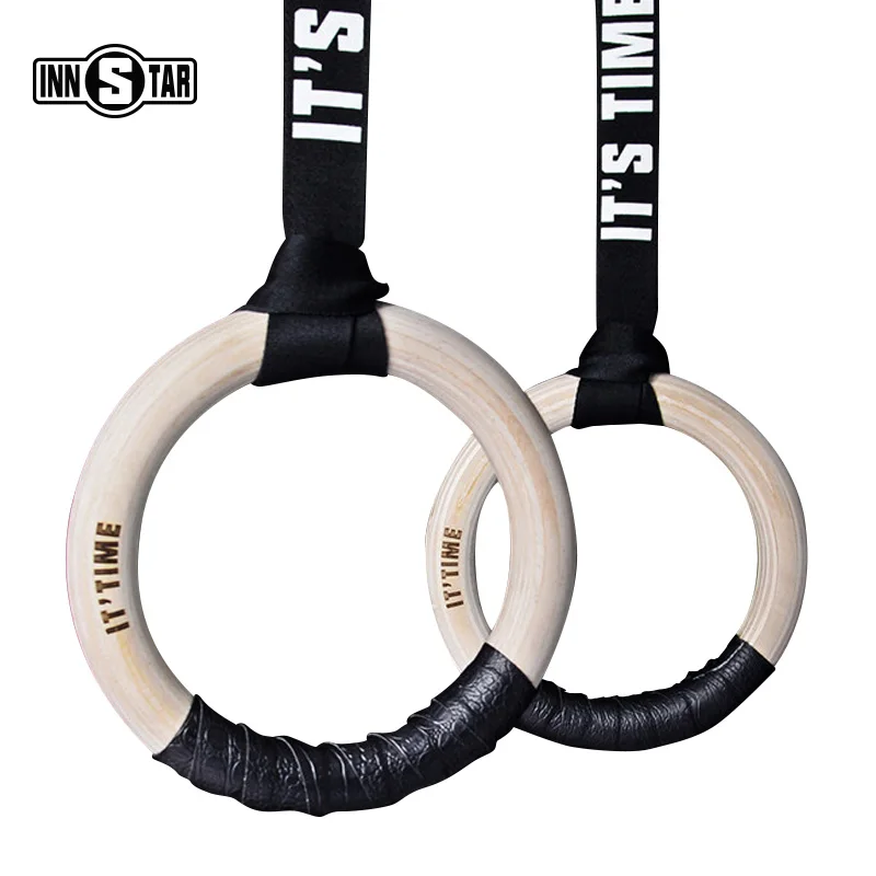 INNSTAR 1 Pair Birch Gymnastics Rings with Adjustable Straps Indoor Home Gym Crossfit Pull-up Fitness Ring for Adult Children