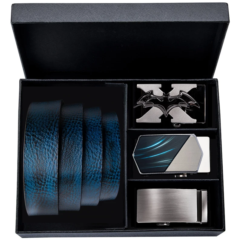 Модный синий кожаный мужской ремень из натуральной кожи с автоматической