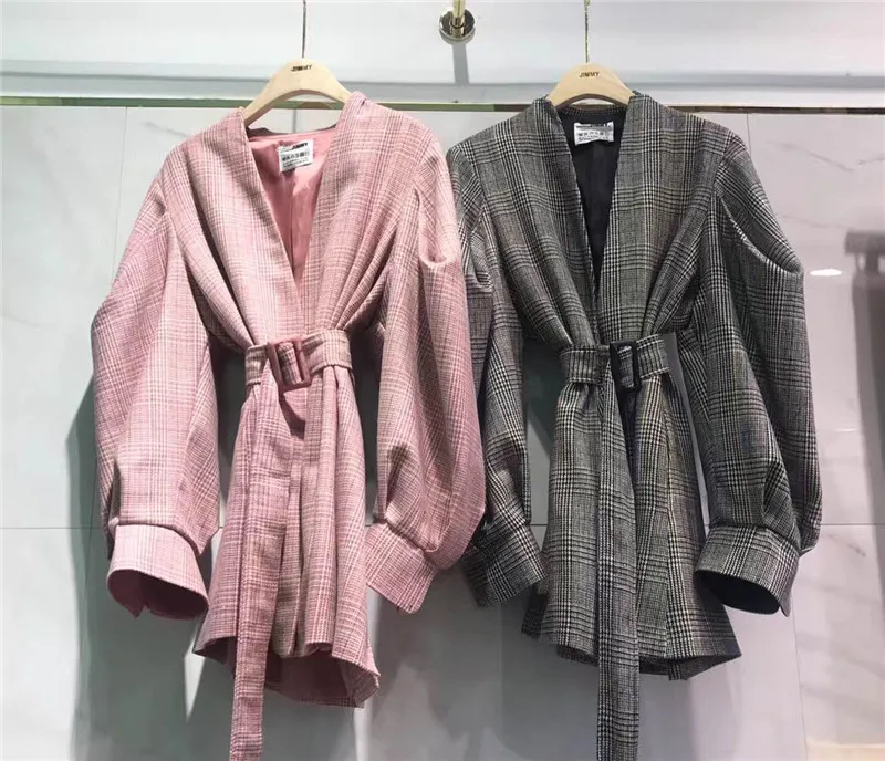 

Classic Plaid Black Woolen Jacket Women Fall Winter Casual V-neck Puff Sleeve Coats Female Fashion Belt Slim Waist OL Overcoats
