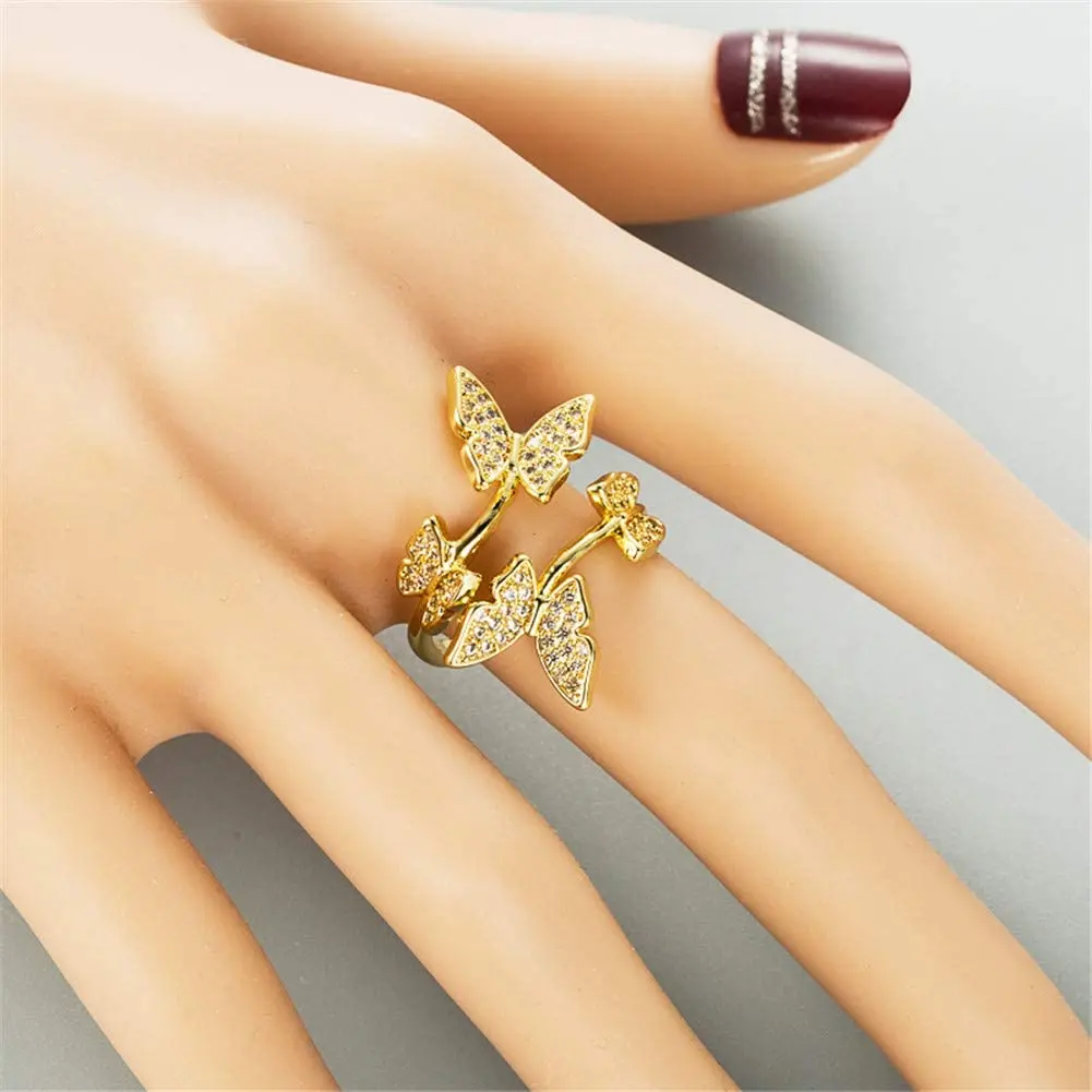 

Four Butterfly Open Women Rings Fashion Three Colors Crystal Zircon Wings Ring for Women Trendy Jewelry Rings