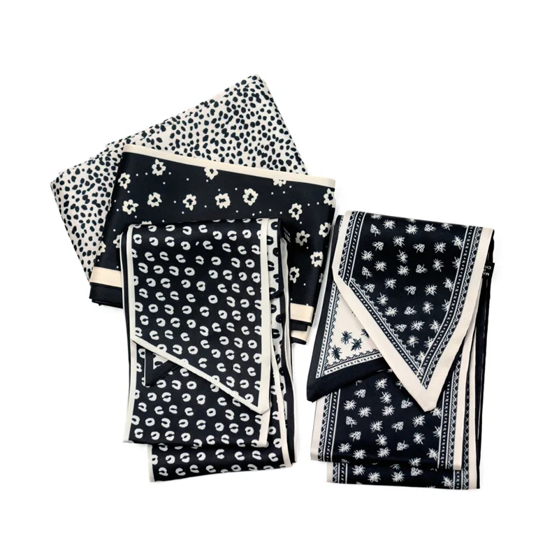 Женский Узкий Шелковый шарф с принтом черный и белый длинным запястьем маленькая