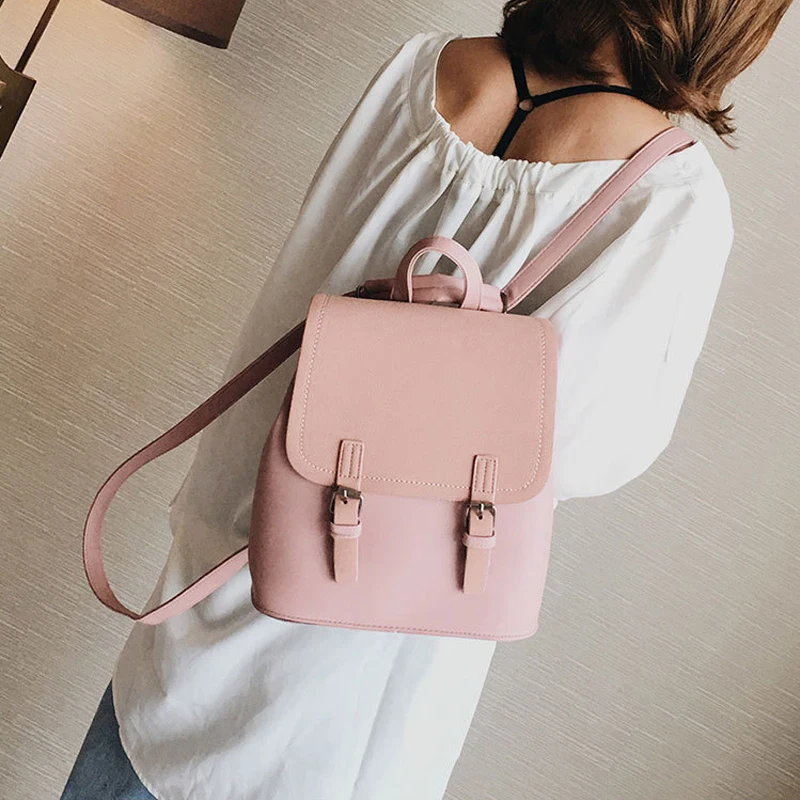 

2020 New Style PU Leather Korean Version Solid Color Girls Backpack Cross Border Popular Women Simple Contrast Color Bag Student