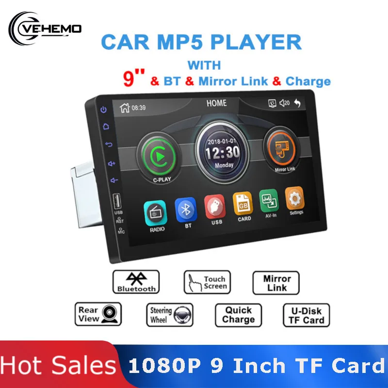 Bluetooth/FM/USB/AUX/1DIN MP5 плеер Автомобильный авто Поддержка TF карта автомобиль MP5 Mirrorilink 1080P 9 дюймов колесо управление радио gps