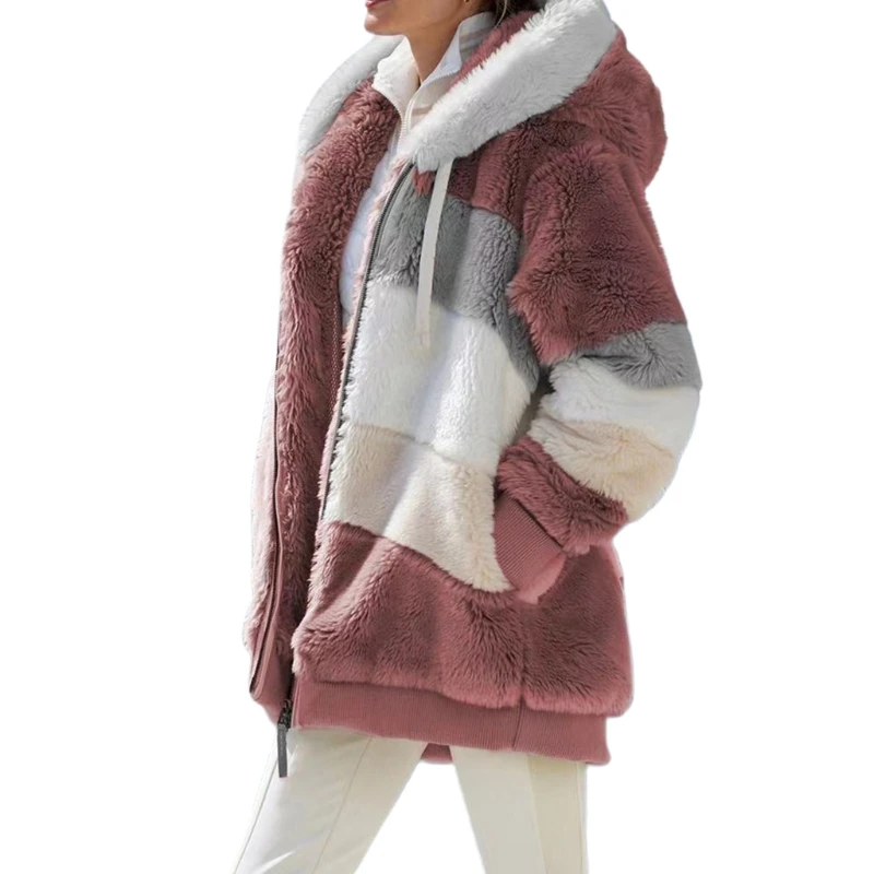 

Women Winter Plush Warm Hoodie Jacket Long Sleeve Oversized Color Block Coat