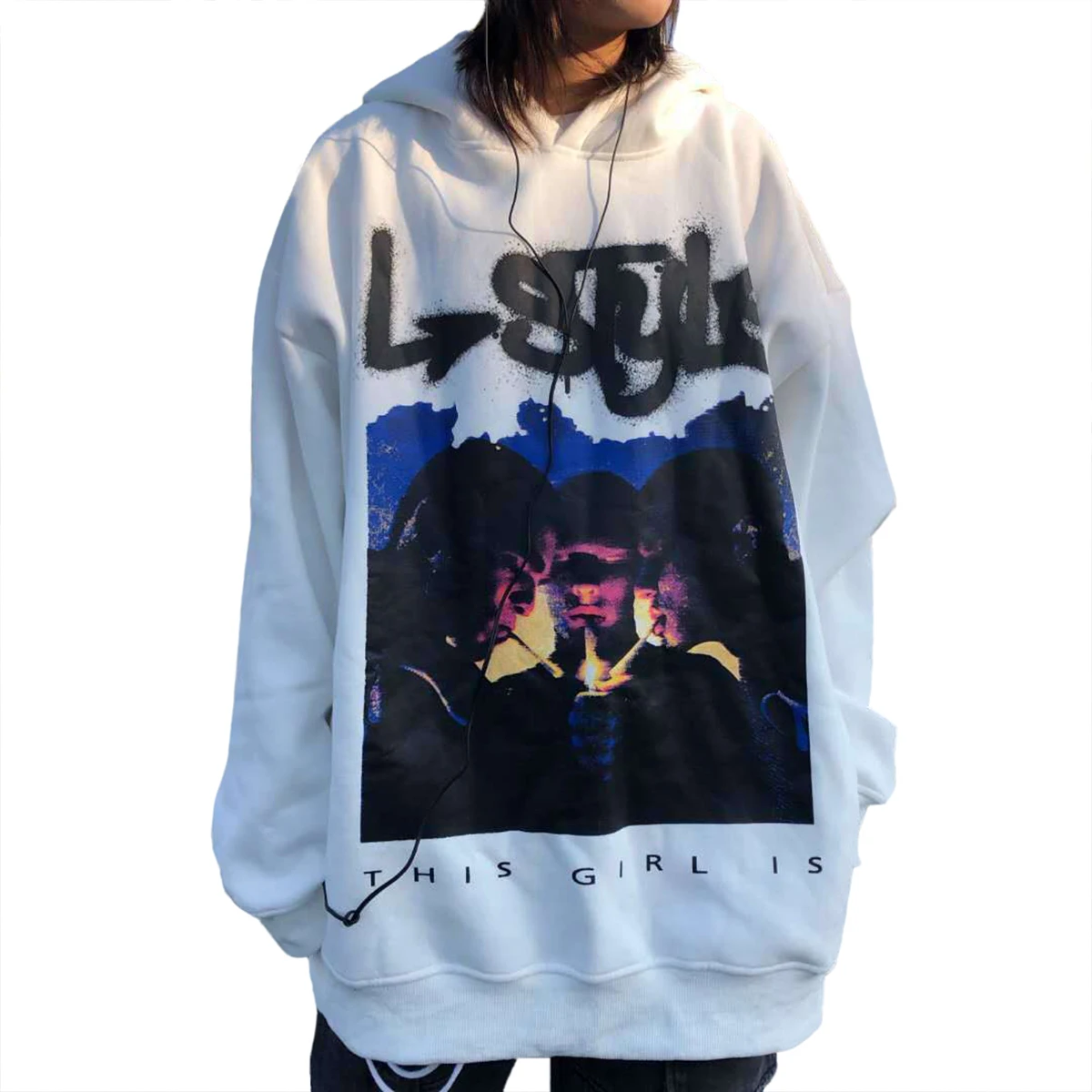 

Women's Hoodie Figure Print Hooded Sweatshirt Spring Thin Medium Long Pattern Coat Hip Hop Oversized O-Neck Top Sportswear HD030