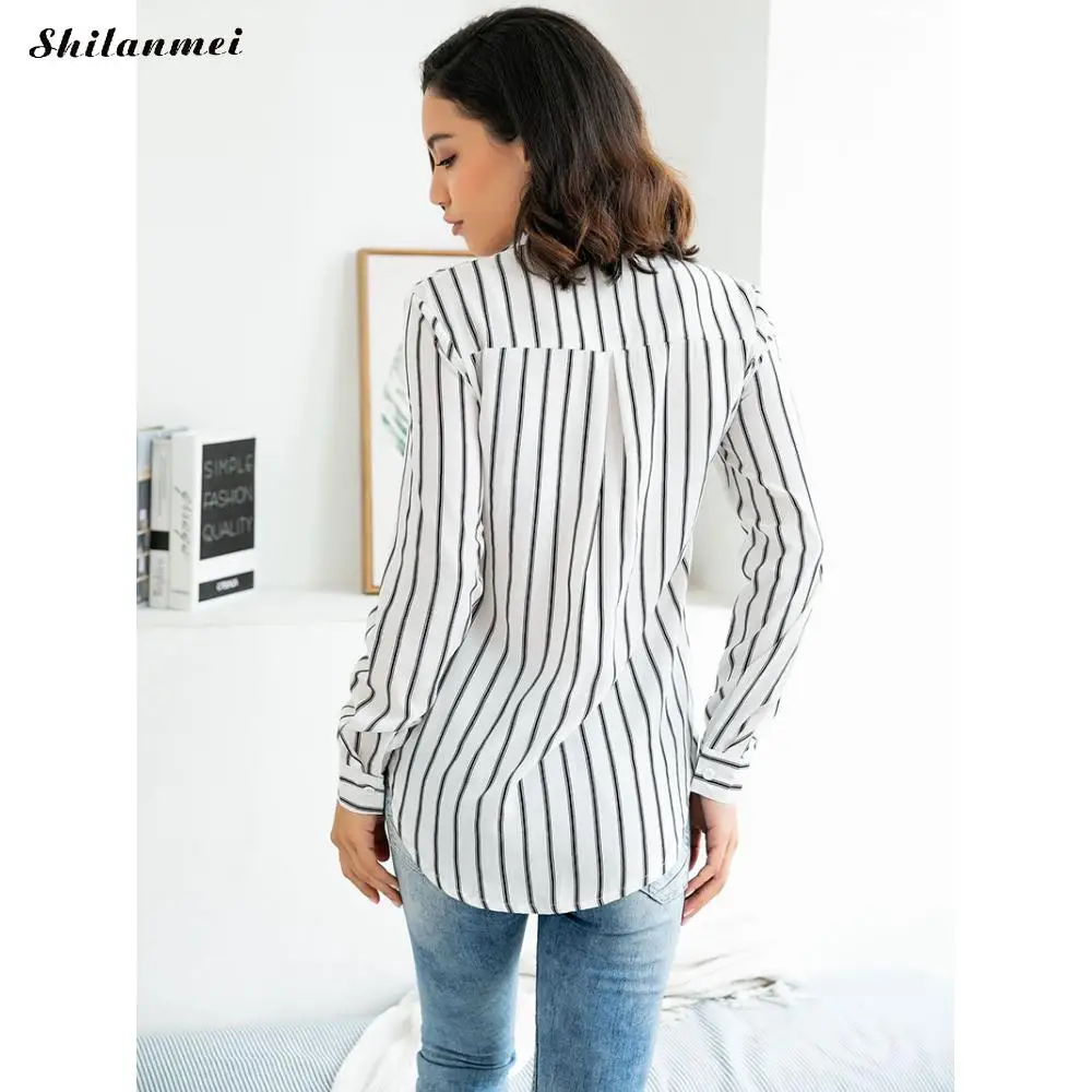 2019 осенние хлопковые элегантные полосатые рубашки блузки с v-образным вырезом и