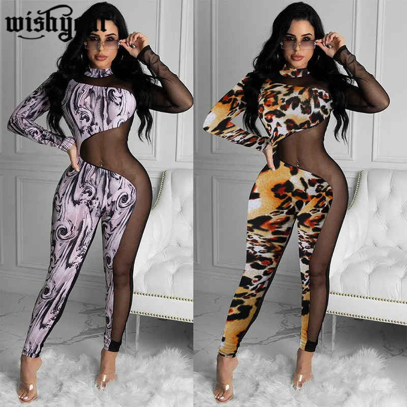 

Sheer Mesh Patchwork Leopard Jumpsuit Woman Mock Neck Long Sleeve One Piece Rompers Skinny Catsuit Plus Size S-XXL