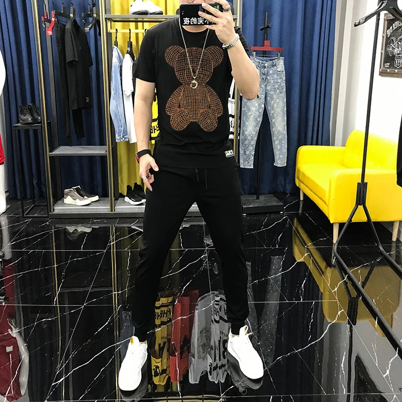 

Men's High Quality T-Shirt Skinny Summer Cotton 100% Jogger Tracksuit Top Diamond Sets New Short Sleeve