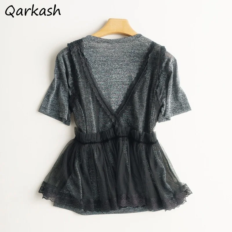 

Vests Women Lace Sweet V-neck Thin Female Loose Summer Fairy Clothing Ruched Maiden Holiday Outerwear All-match Trendy Girls Ins