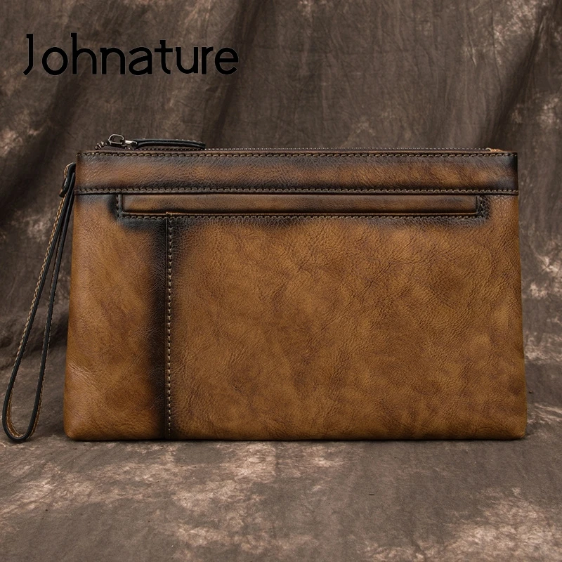 

Johnature First Layer Cow Leather Men Han Bag 2021 New Vintage Large Capacity Large Clutch Bags Zipper Solid Color Business Bag