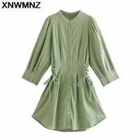 xnwmnz women 2021 with drawstring darts fitted mini dress vintage three quarter sleeve button up female dresses mujer vestido