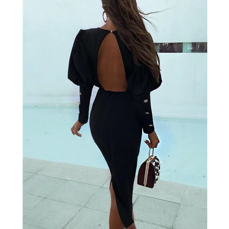 Однотонное платье с пышными рукавами открытой спиной и разрезом женское длинным