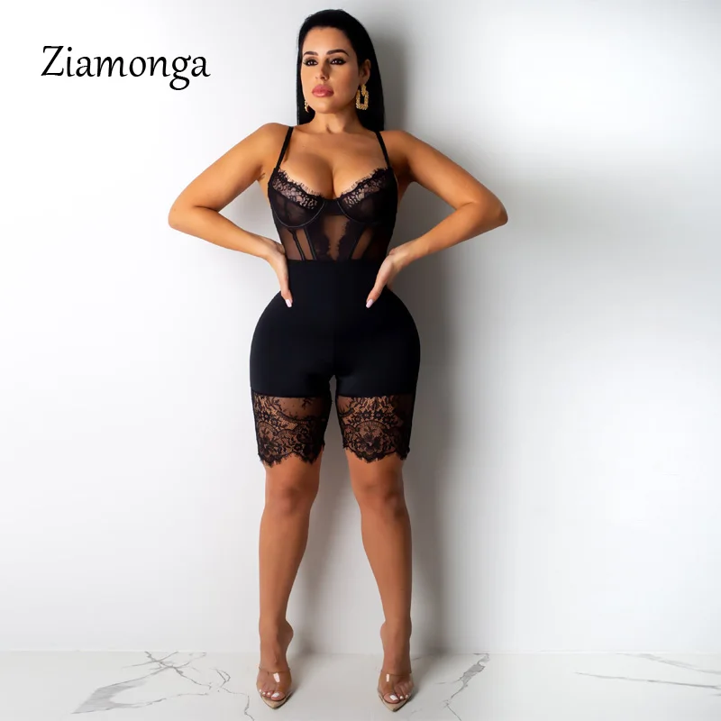 Ziamonga, кружевные женские комбинезоны, спортивный костюм, сексуальный комбинезон с вырезами, женские комбинезоны с v-образным вырезом, вечерние комбинезоны - Цвет: Black
