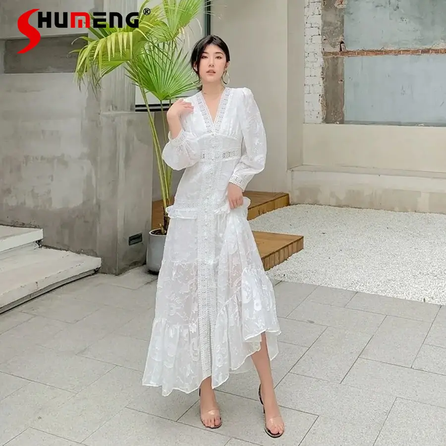 

2021 Spring Lace Embroidery Hollow-out Lantern Sleeve White Long Dress for Women V-neck Dresses Female Plus Size Wedding Dress