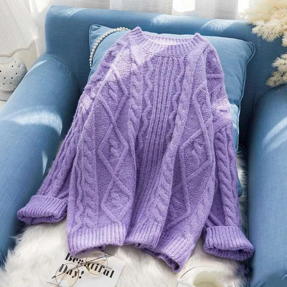 

Fdfklak Loose Thicken Warm Purple Pullover Sweater For Women Autumn Winter O-Neck Full Sleeve Solid Knitted Jumper Femme