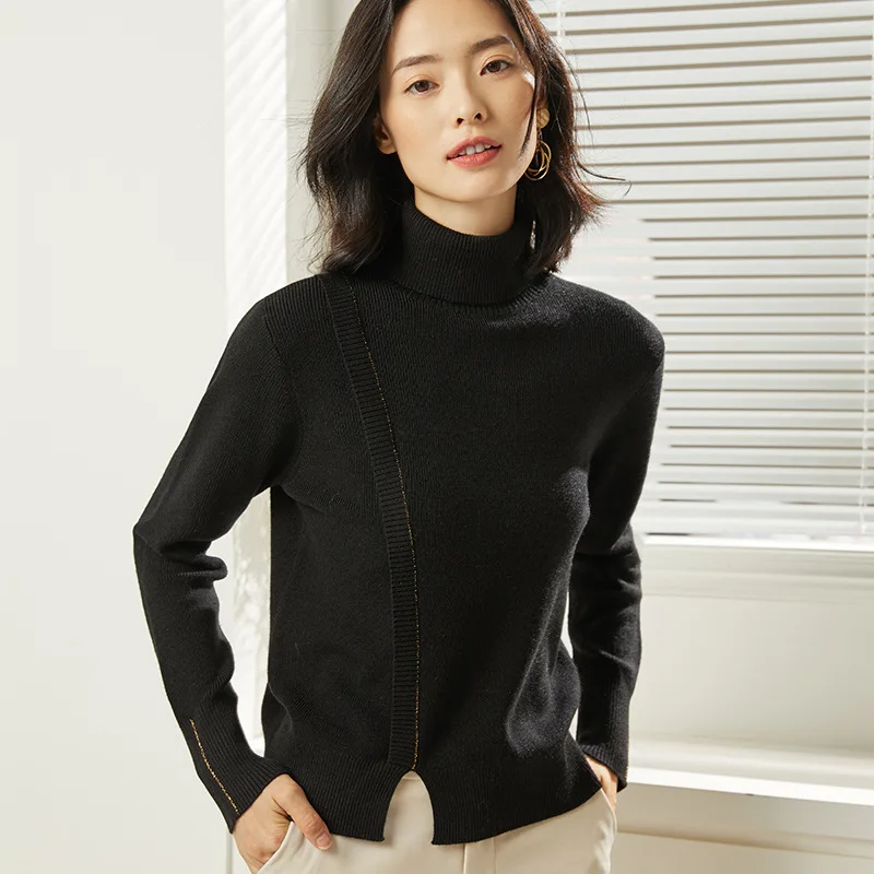 

All-match Loose Pullover split long-sleeved sweater knitting turtleneck bottoming sweater women 19093