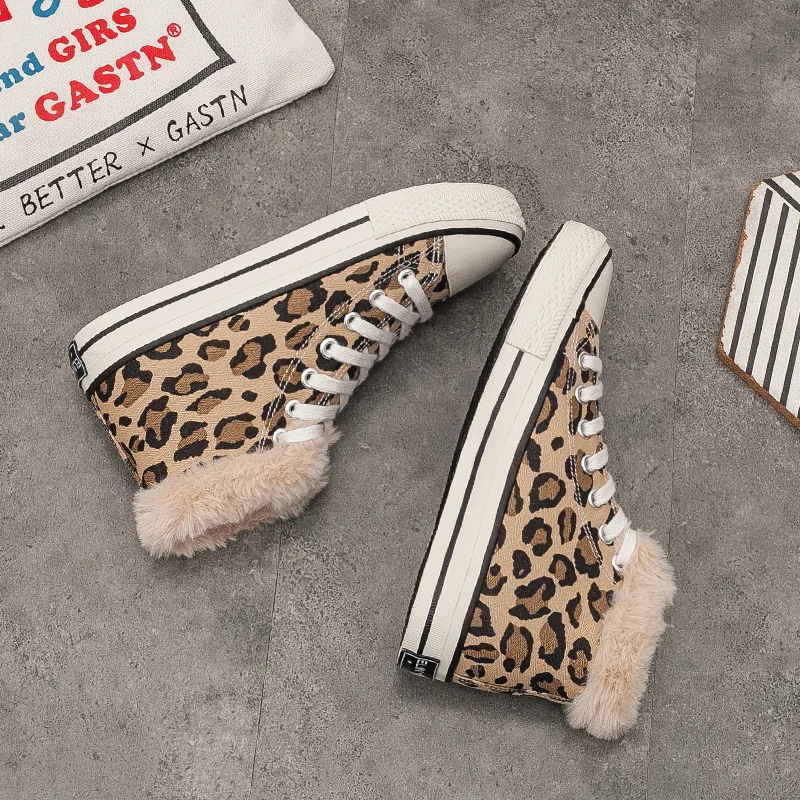 Winter New High Help Leopard Print Plus Velvet Canvas Shoes Female Wild Flat Cotton Women Casual Zapatos Mujer W24-35 | Обувь