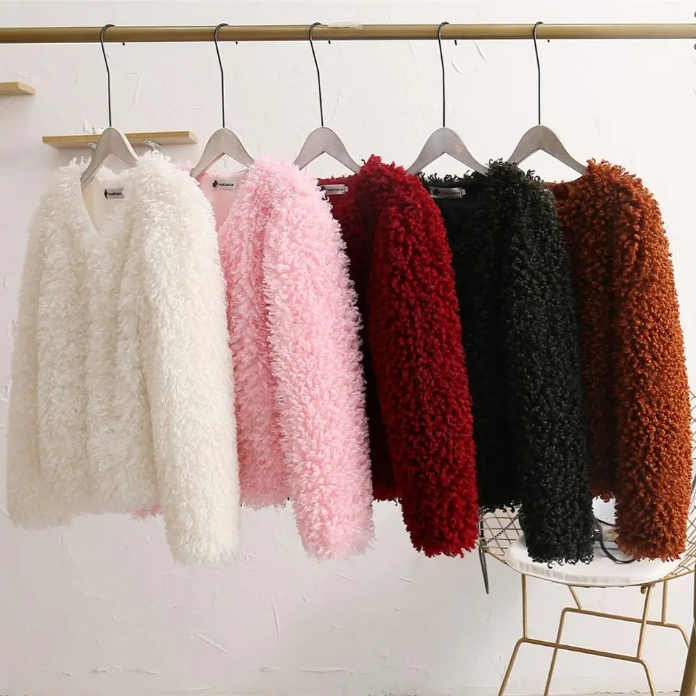2019 однотонные зимние искусственные меховые пальто из овечьей шерсти женские