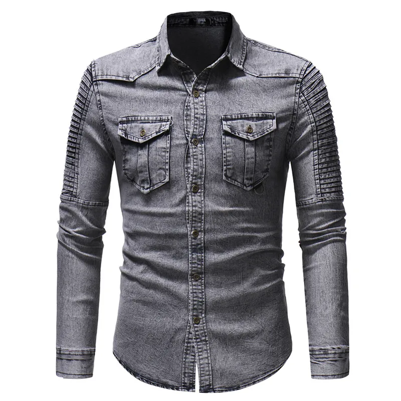 

Denim Shirt Mens Cotton Jeans Shirt Fashion Autumn Slim Long Sleeve Cowboy Shirts Stylish Wash Slim Tops Dress