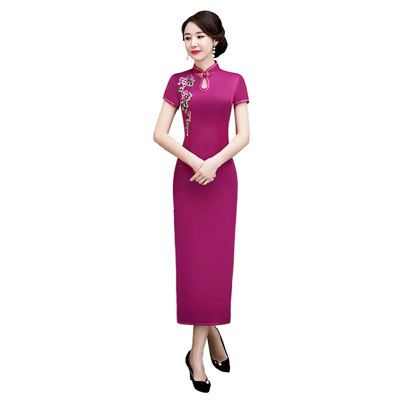 

Summer Short Sleeve Long Cheongsam Female Exquisite Vintage Button Trim Classic Chinese Dress Elegant Slim Long Qipao M-3XL