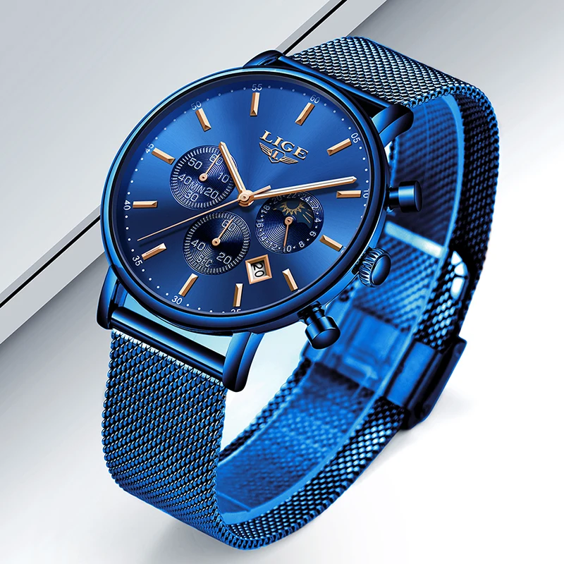 

LIGE New Mens Watches Top Brand Luxury Fashion Blue Strap Quartz Watch Men Moon Phase Clock Calendar Waterproof Chronograph+Box