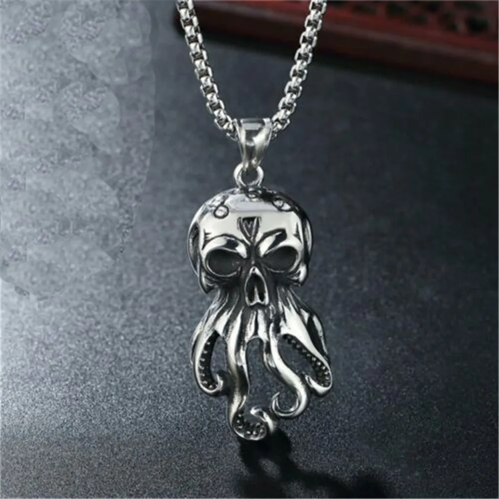 

Gothic Stainless Steel Mens Biker Monster Octopus Skull Pendant Necklace