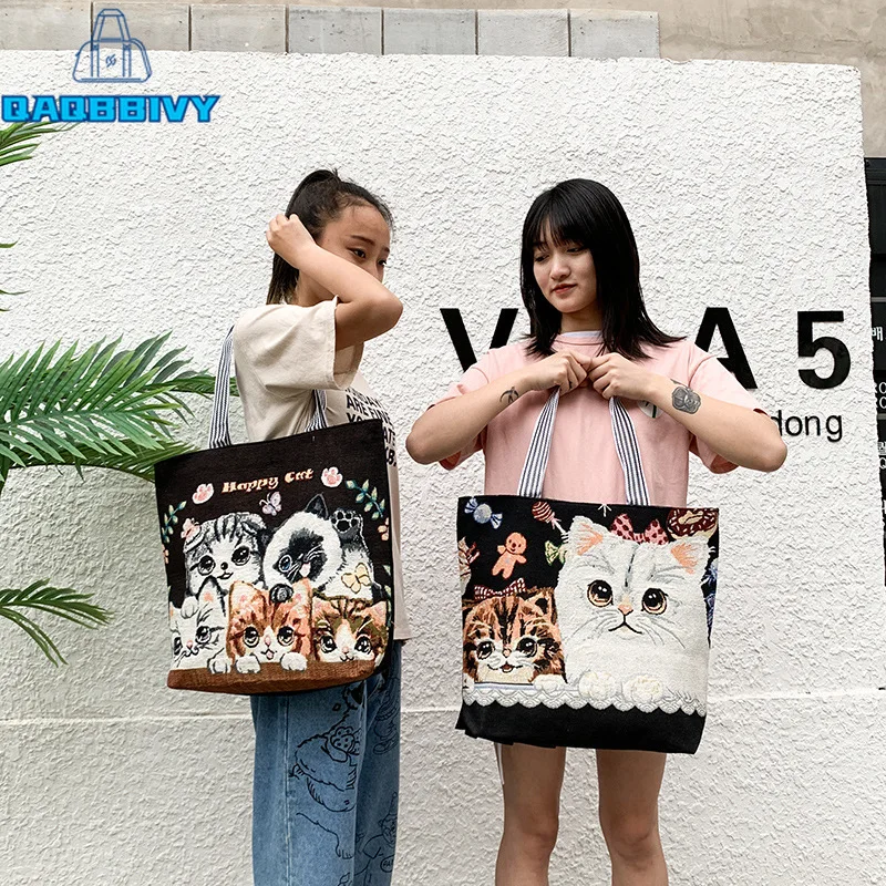 

Women's National Style Cartoon Embroidery Canvas Handbag Female Casual Tote Large Capacity Shopping Bag Reusable Shoulder Bags
