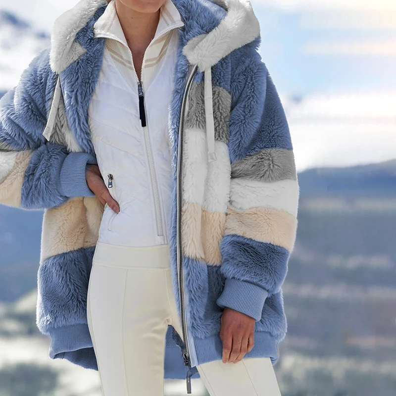 

Контрастное плюшевое мягкое пальто, Свободное пальто на молнии с капюшоном, верхняя одежда для женщин, магазин NYZ