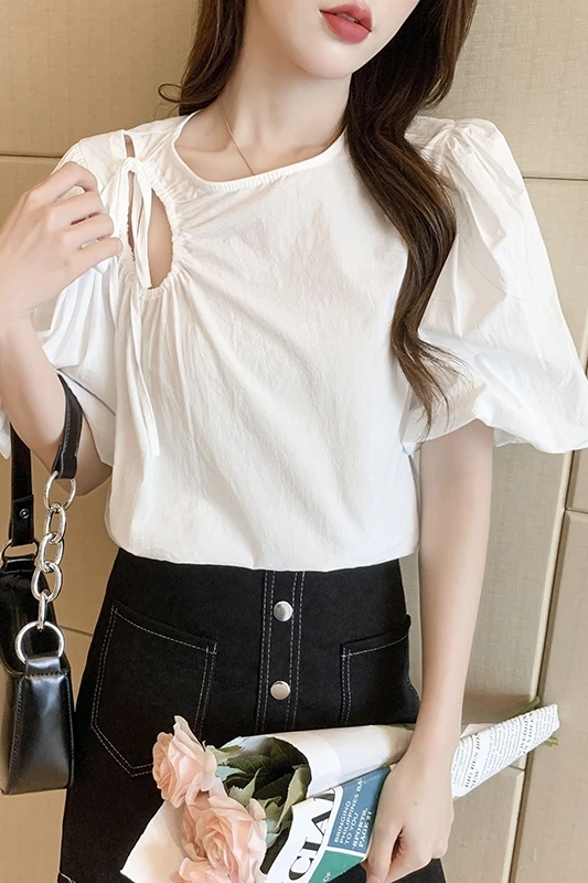 

Korean Chic Blouse Women 2021 Summer White Puff Sleeve Drawstring Female Tops Casual Sexy O-neck Woman Blouses