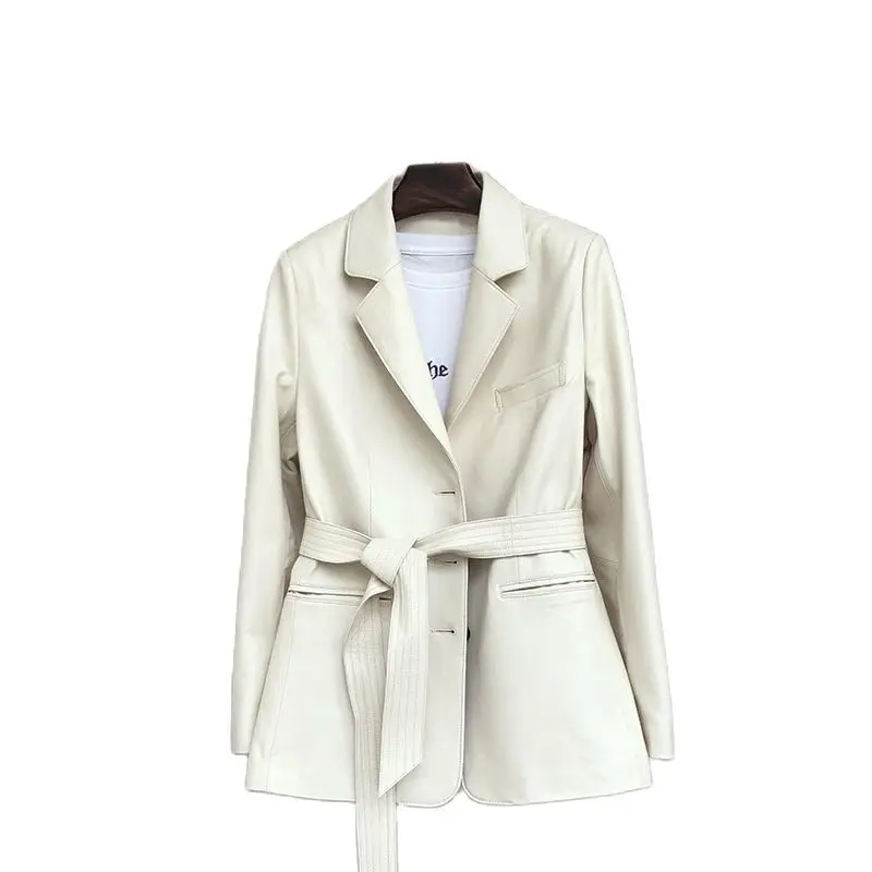 Chaqueta de piel de oveja auténtica para mujer, abrigos de cuero genuino para mujer, chaqueta informal de cuero blanco, traje coreano, chaqueta de cuero de alta calidad