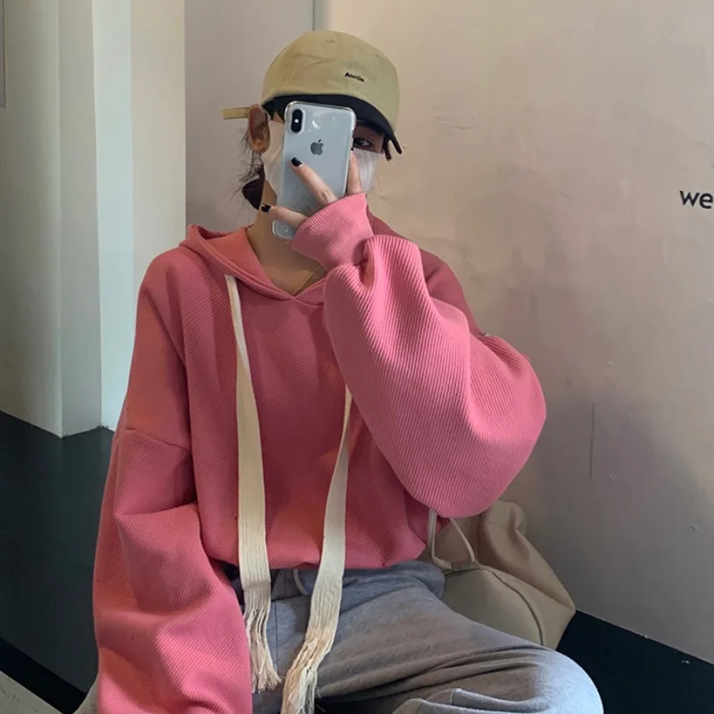 

Толстовки с длинным рукавом и кулиской, на весну и осень, новая Корейская версия, свободные пуловеры, однотонные модные прямые свитшоты