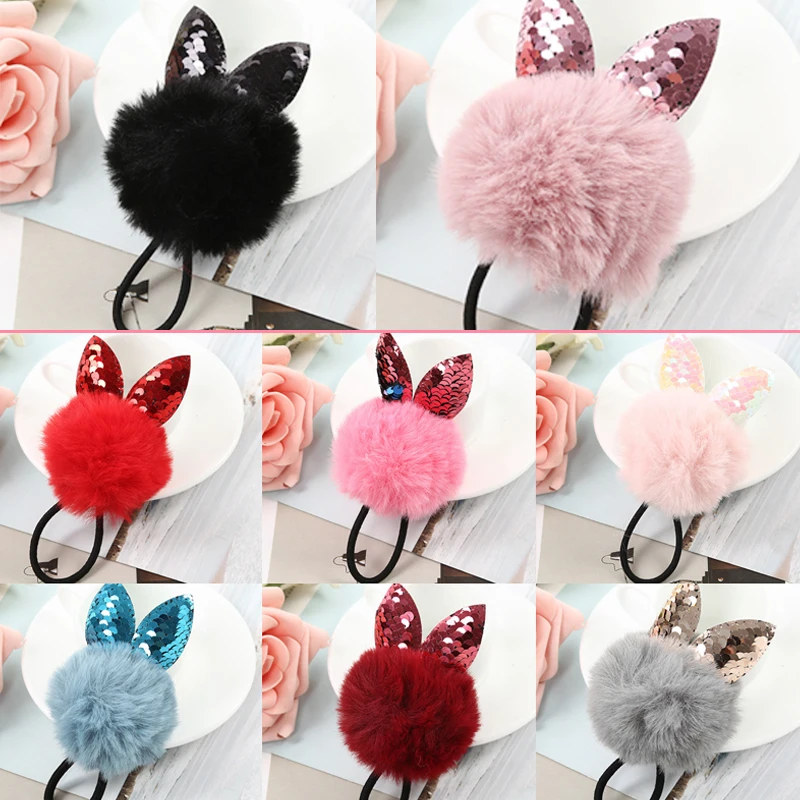 

1PC Kids Children Rabbit ears Venonat Cartoon Handmade Christmas Gifts Paillette Elastic Candy Color Colours Hair Rope Beautiful