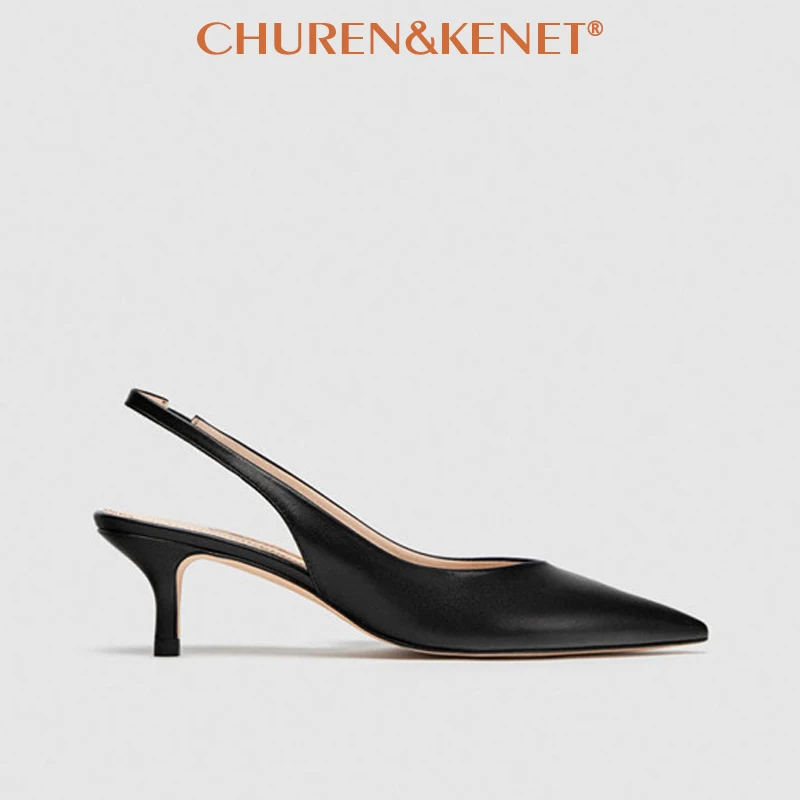 

2021 Black Leather Kitten Heels Women Sandals Pointed Toe High Heels Shoes Woman Slingbacks Pumps