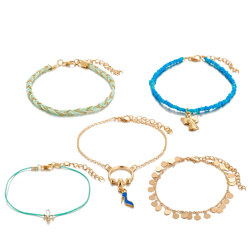 docona Boho Blue Beads Bird High Heels Charm Five Layer Anklet Set for Women Weaving Anklets 5pcs/set Tobilleras 8980 | Украшения и