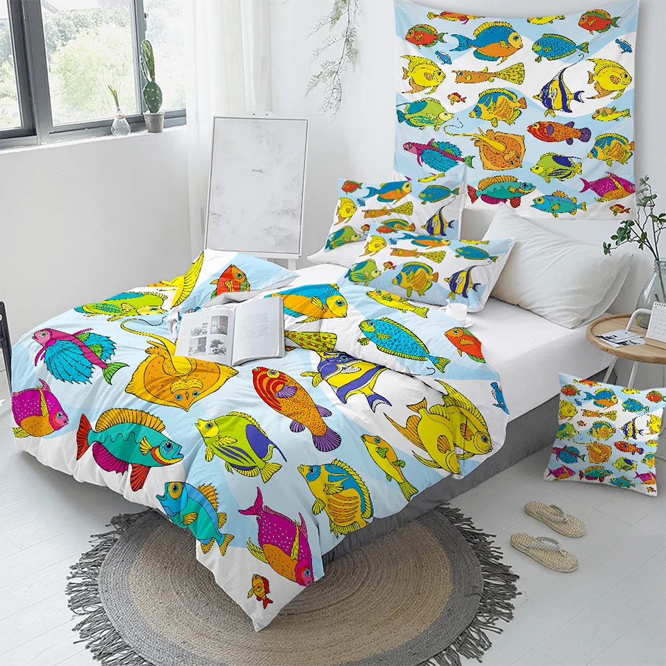 BeddingOutlet Комплект постельного белья с красочными рыбками, пододеяльник с рисунком из мультфильма "Морская жизнь", пододеяльник для детей, покрывало, набор постельного белья из 3 предметов "Королева океана"