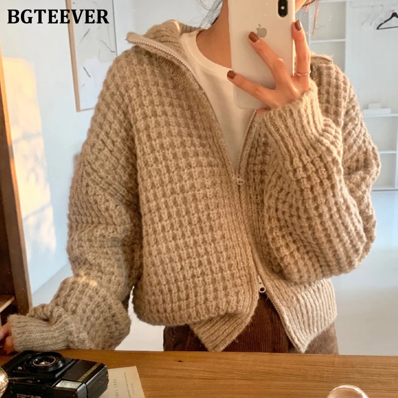 

BGTEEVER Vintage Thicken Warm Ladies Turtleneck Open Stitch Sweater Long Sleeve Zippers Loose Female Knitted Cardigans Tops 2021